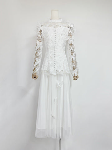 Court Style Lace Jed Flower Splicing Butterfly Decoration Skinny Coat + Mesh Dress